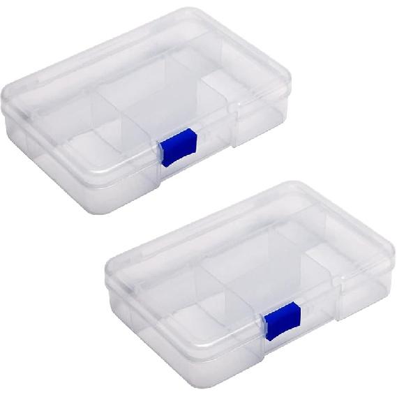 MroMax 2Pcs Small Storage Box,145x 100 x 32mm PP Clear Fixed 5 Grids Electronic Containers Tool Boxes for Nails, Screw, Earrings, Beads, Fishhooks