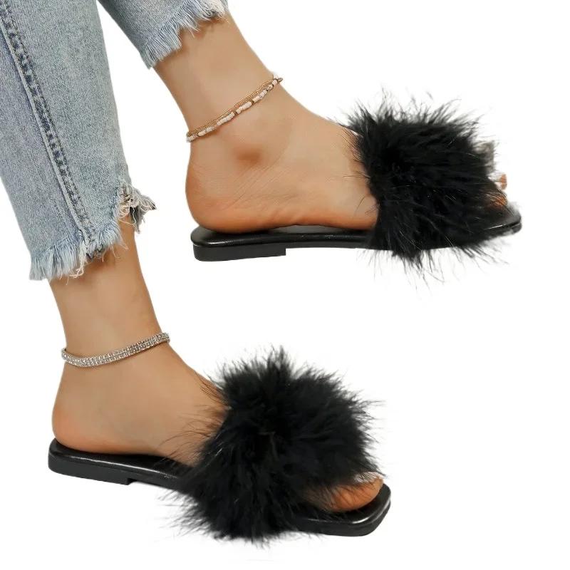 Fashion 2025 Hot Sale Women's Shoes Open Toe Women's Slippers Plus Size Daily Slippers Women Square Toe Feather Flat with Female Sandals