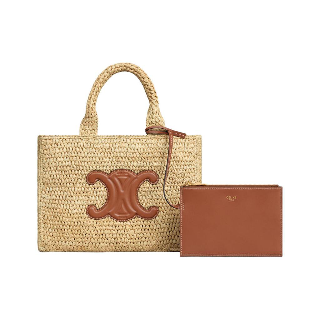 Celine Cabas Thais Triumph Arch Logo Verstellbarer Schultergurt Pflanzenmaterial Besatz Leder Handtasche Kleine Damen Handtaschen Braun 116302FF7-04LU