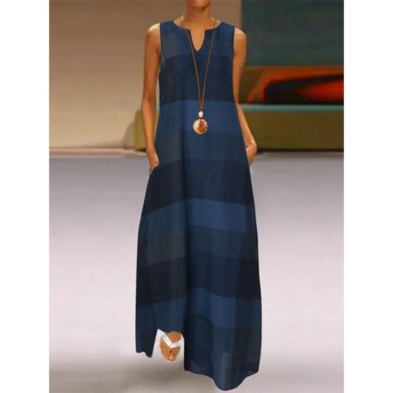 Black Dress 2025 Spring/Summer New Arrival Women's Retro Print Long Dress Chiffon V Neck Sleeveless Pocket Dress