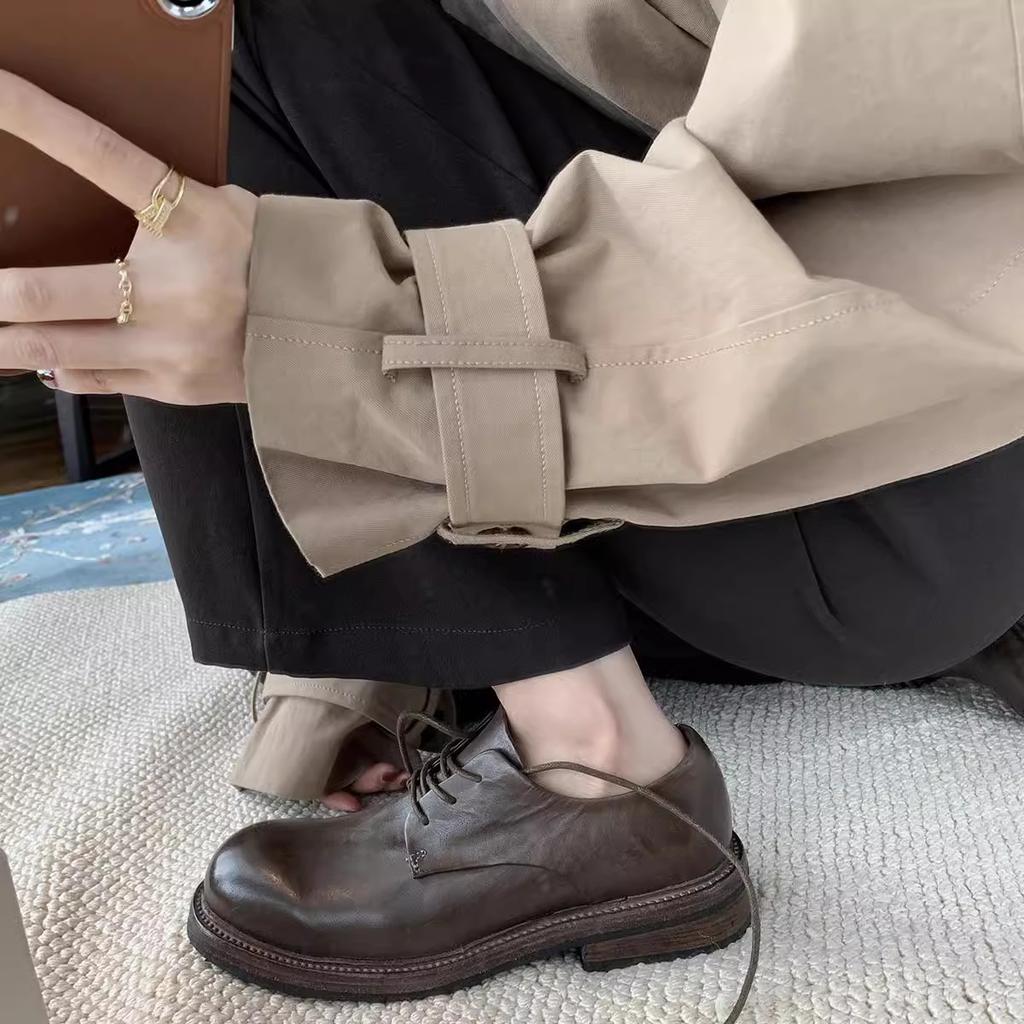 Cowhide Version Washed Shrinkage Leather Texture Derby Single Shoes Lace-up Small Leather Shoes Women's