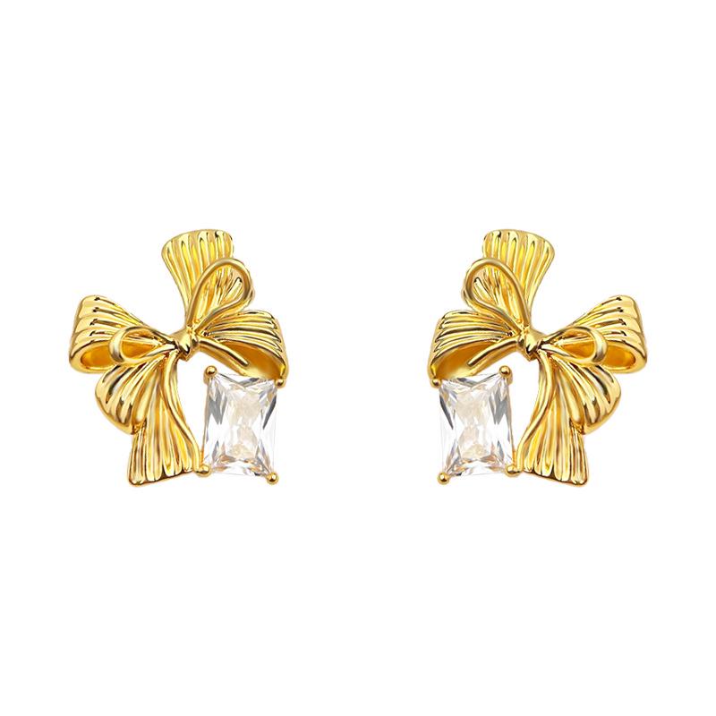 18K Gold Geometric Zircon Bow Stud Earrings