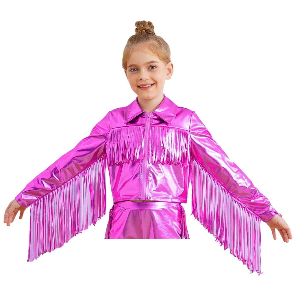 Girls Birthday Party Jacket: Sparkling Metallic Top with Long Sleeve, Tassel Trim & Zipper, Fringe Turn-Down Collar Design