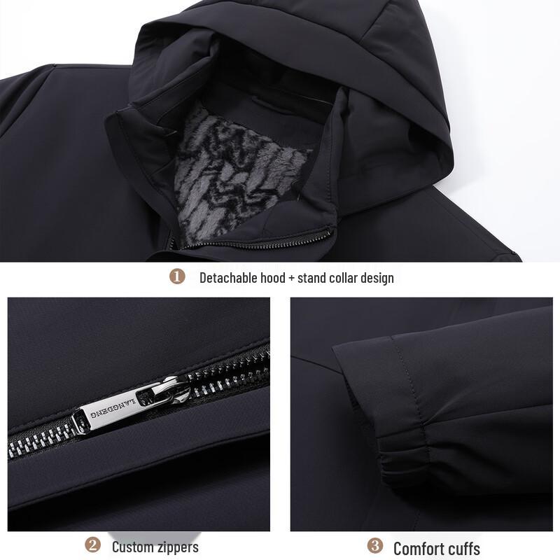 Langdeng Men's Detachable Hooded Fleece-Lined Jacket
