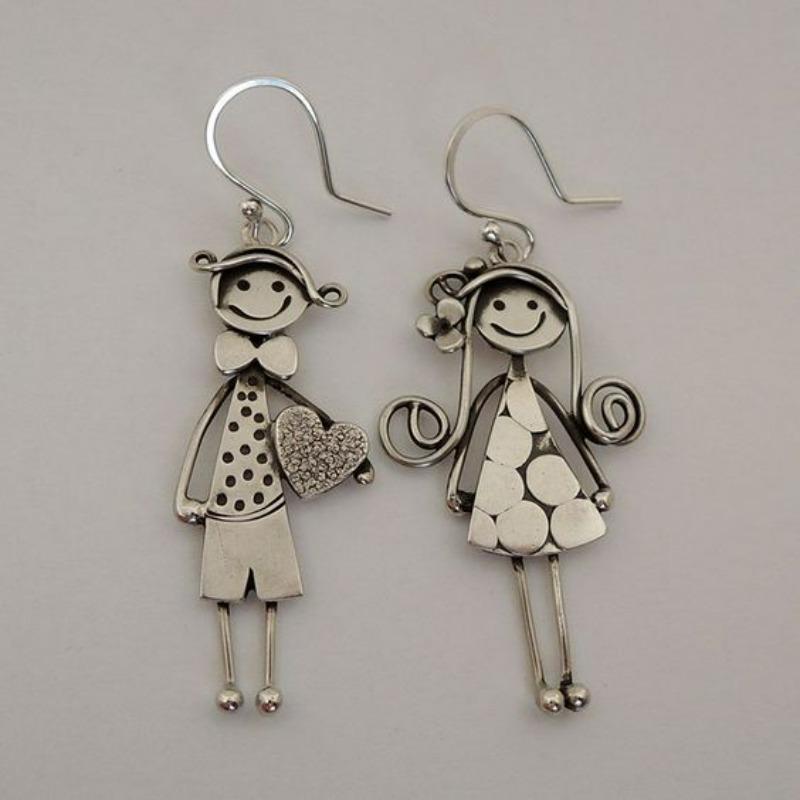 Tiny Happy Boy & Girl Earrings - Silver Color Dangle Earrings