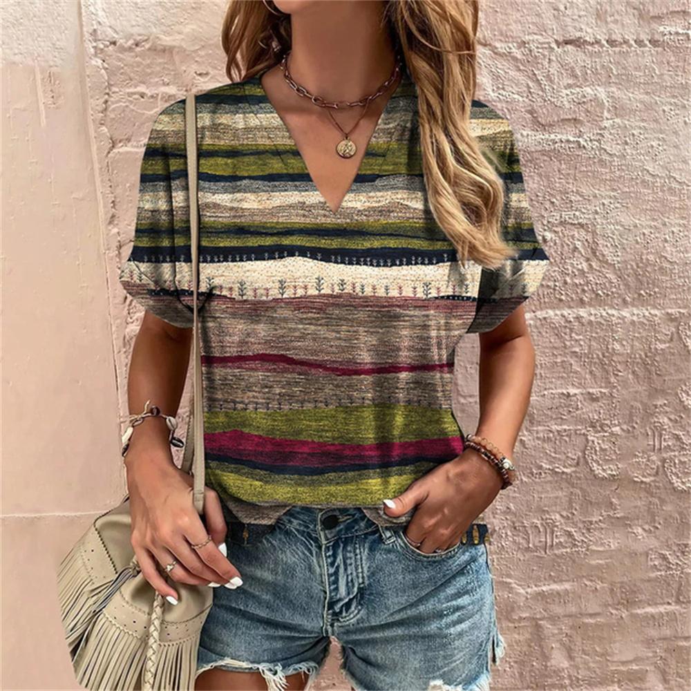 Retro Summer 3d TShirt Harajuku Casual Short Sleeve Women's T-Shirts Fashion Characters Top Tee V-Neck Oversized Female Clothing