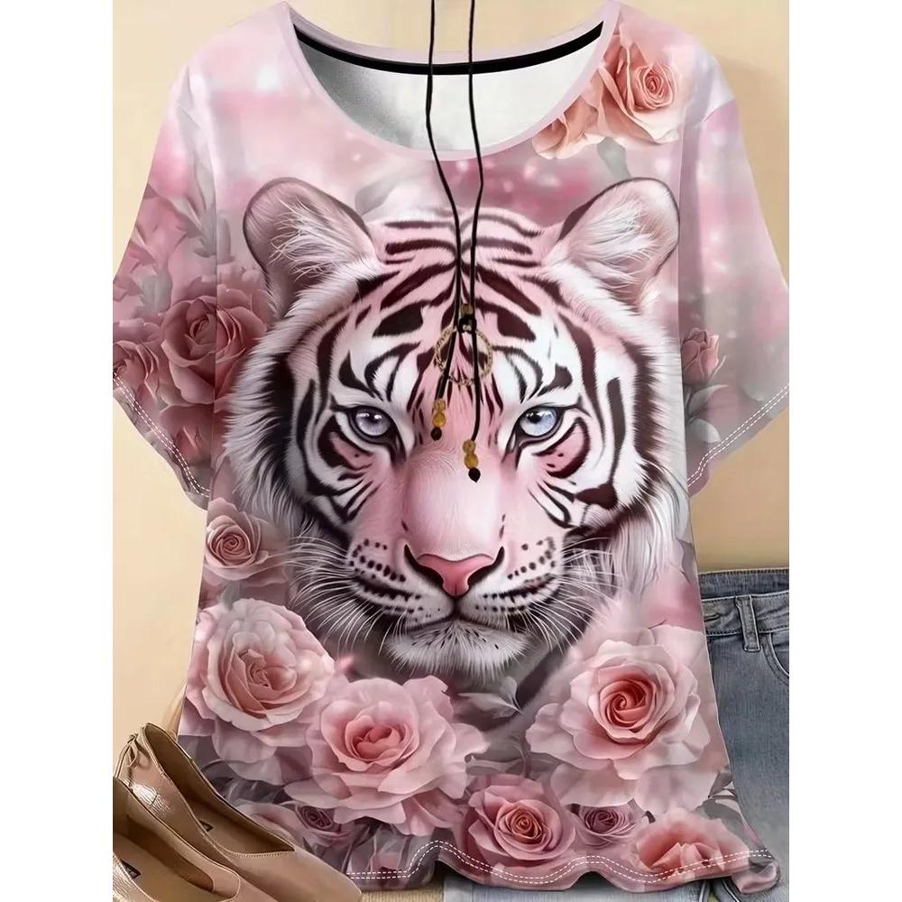 

Cute Fun Animal 3D Printed Short Sleeved T-shirt Fashionable Comfortable Soft Breathable Large Loose Summer Womens T-shirt 6XL рожевий