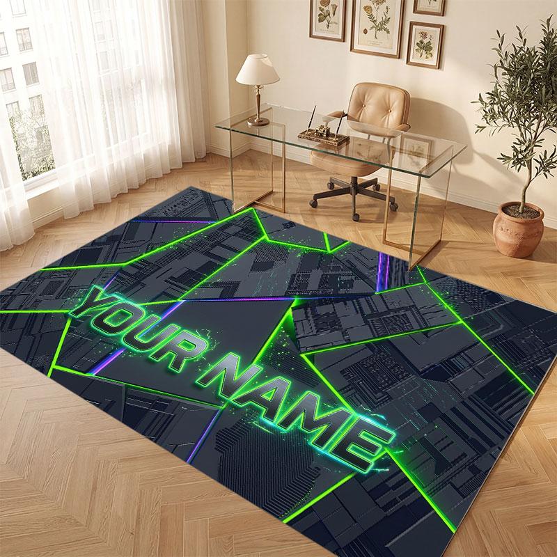 City Cyberpunk Theme Crystal Velvet Floor Rug Personalized Custom Name Text Warm Carpet Home Decoration