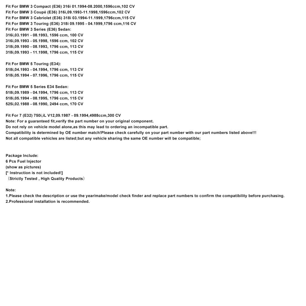 6 Stück Kraftstoffeinspritzdüse für BMW 3er E30 E36 2,5L 1,8L 87-97 Ford 0280150715