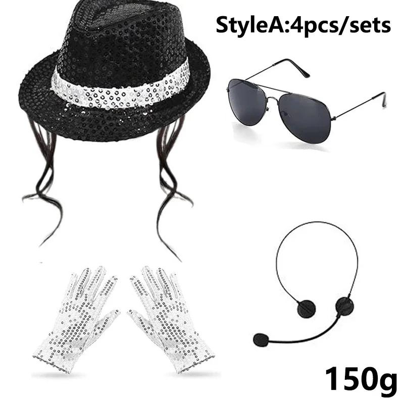 Michael Jackson Cosplay Requisite MJ Hut mit Perücke Handschuh Brillen Set Fans Performance Kostüm Geburtstag Tanz Geschenke Halloween Cosplay