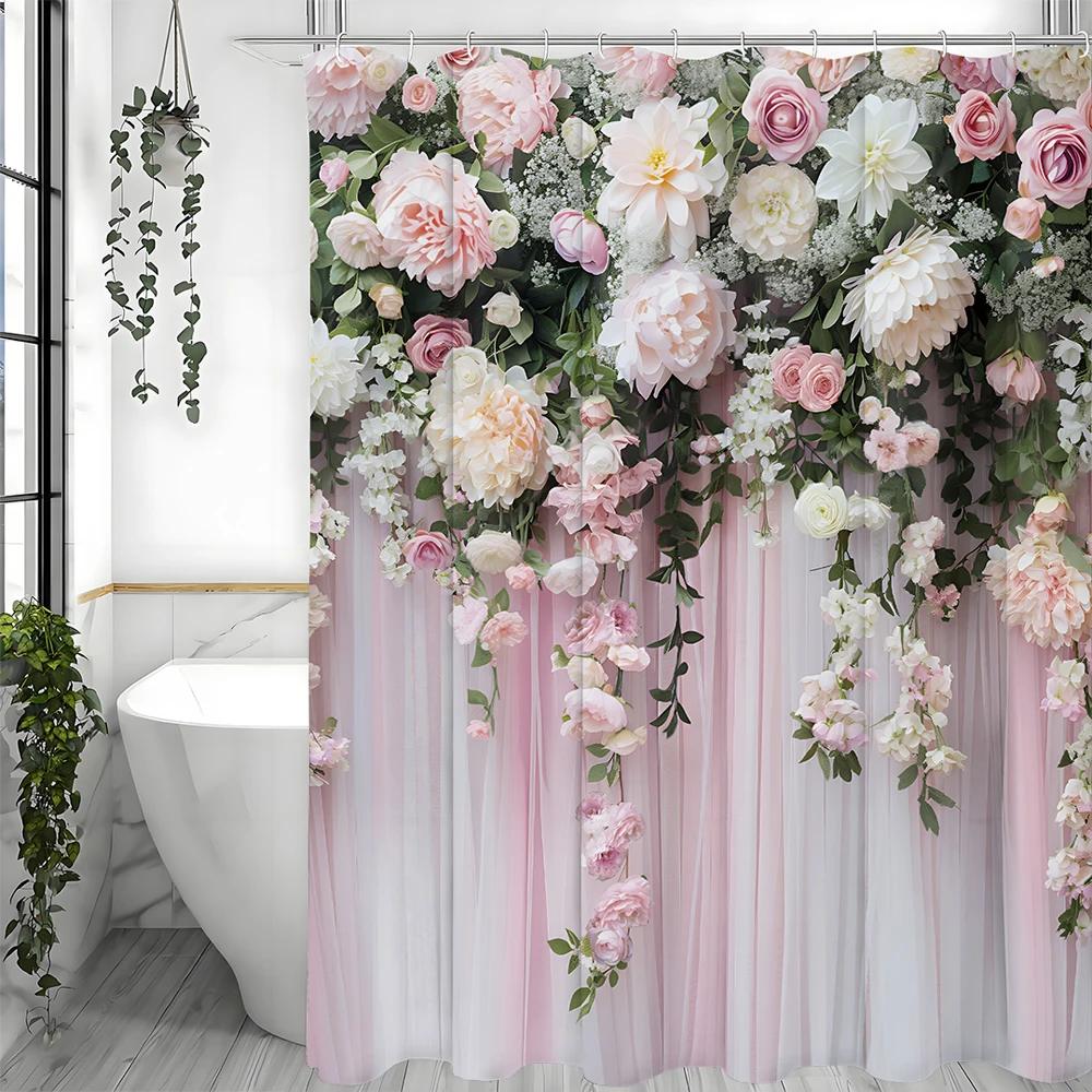 Charming Floral Shower Curtain for a Romantic Bathroom, Featuring Cascading Pink and White Flowers with Lush Greenery.