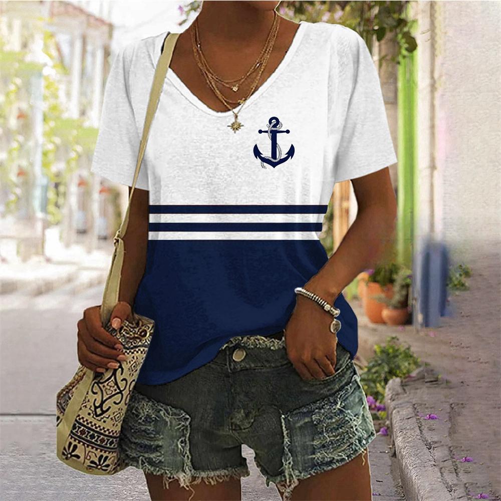 Sommer Oversized T-Shirts Ankerprint Oberteil für Damenmode V-Ausschnitt Damenmode Große Größen Stil T-Shirt für Damen