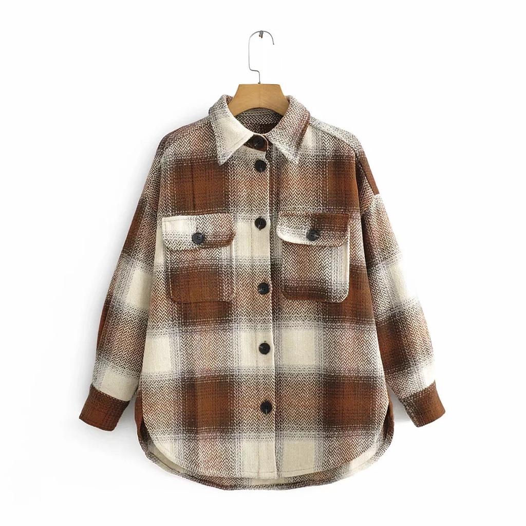 Vintage Women Long Sleeve Woolen Coats Fashion Ladies Thick Plaid Coat Female Streetwear Elegant Girls Oversize Jacket Chic