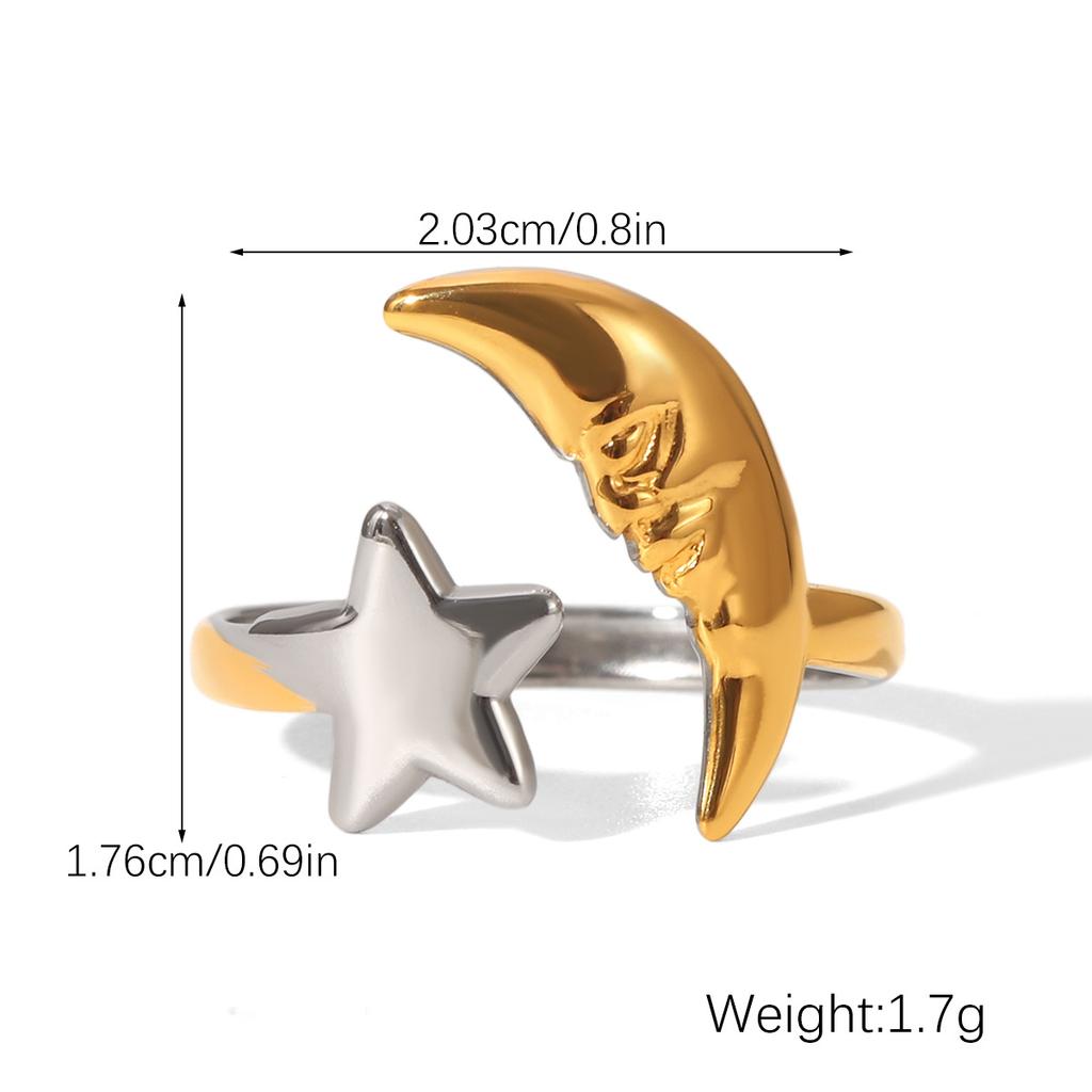 Stainless Steel Star Moon Opening Ring for Women Men Waterproof Gold Silver Color Design Color Blocked Rings Party Jewelry Gifts