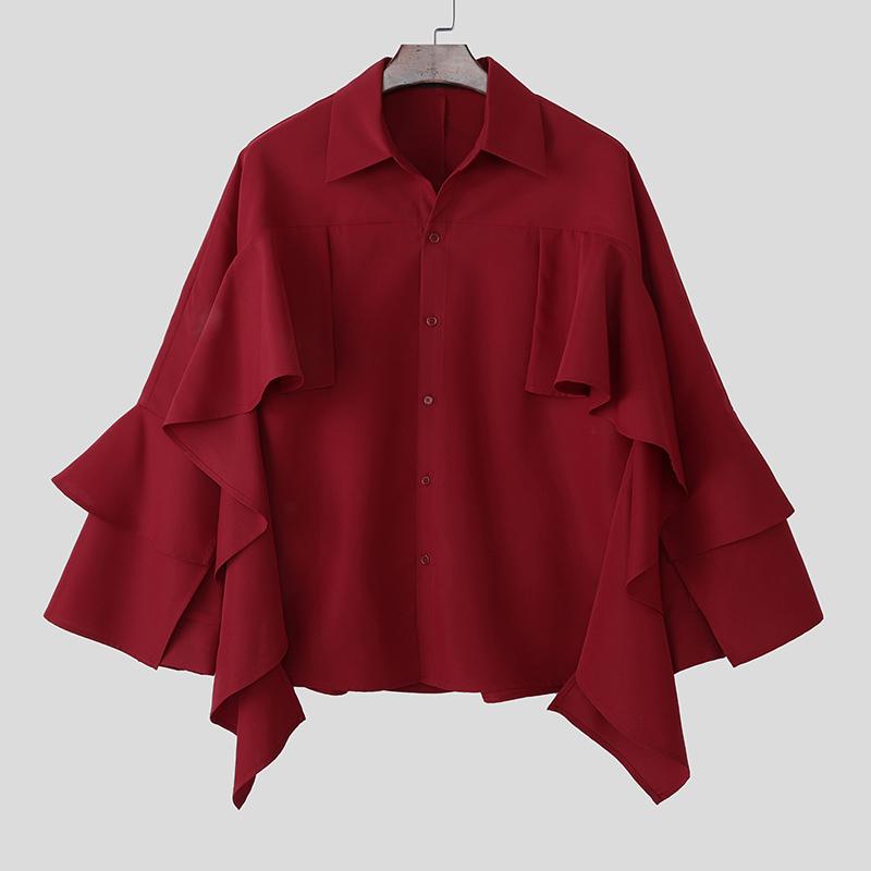 INCERUN Men Lapel Neck Long Sleeve Ruffled Shirts Casual Loose Oversized Tops