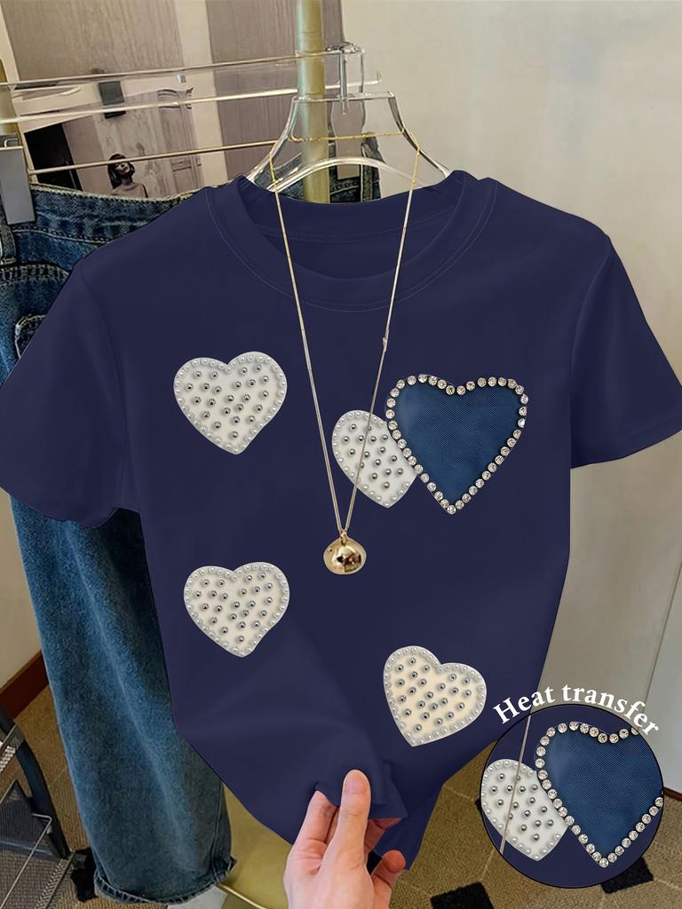 Pearl & Rhinestone Heart Women's Tee - Faux Pearl Heart Graphic, Casual Pink Top