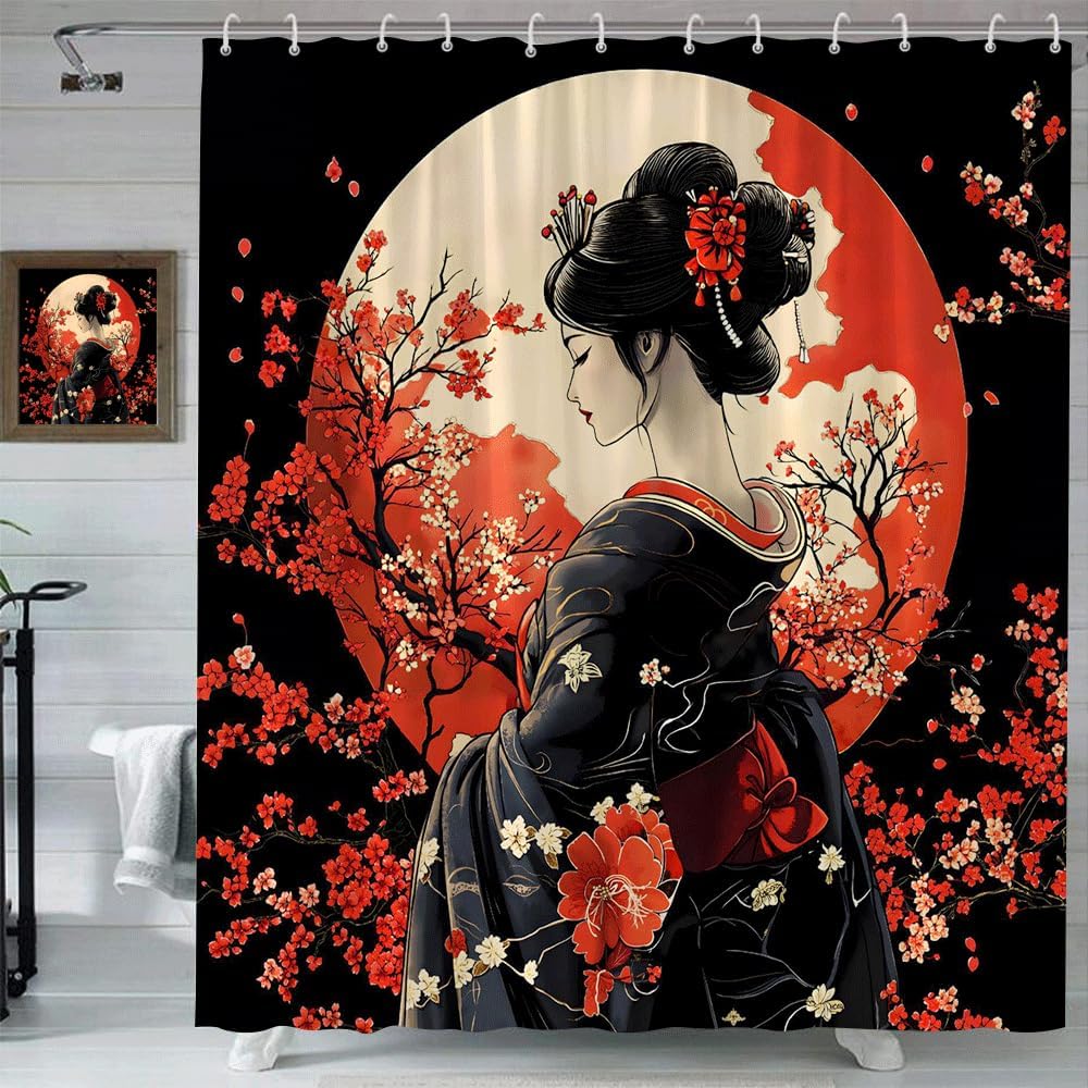 Japanese Geisha Shower Curtain Asian Red Cherry Blossoms Floral Full Moon Sun Oriental Woman Traditional Japan Girl Spring