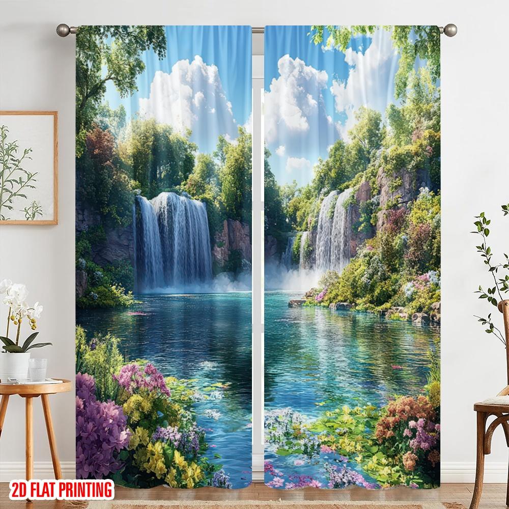 2D Flat Printing 2pcs Party Curtain Sunny Waterfall Paradise Digital Printed Polyester Drapes Holiday Decorations Perfect for