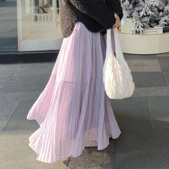 

Women Maxi Skirt Elastic High Waist Flowy Hem Long Skirt Solid Color Splicing Design Slimming S абрикосовий