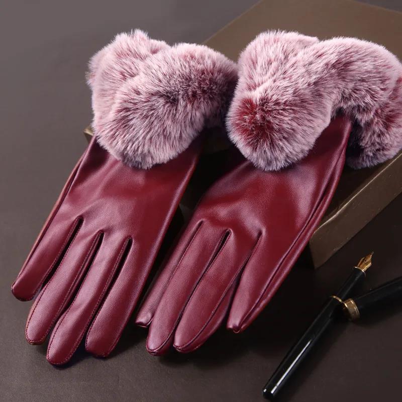 Mănuși de iarnă din piele de damă pentru modă rece și caldă Soft Burr Plus catifea groase pentru ecran tactil
