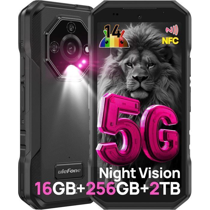 Ulefone Armor X32 Pro 5G Smartphone Robuste 16Go+256Go 64MP+25MP Vision Nocturne Téléphone Incassable Android 14 5,65" NFC, Noir