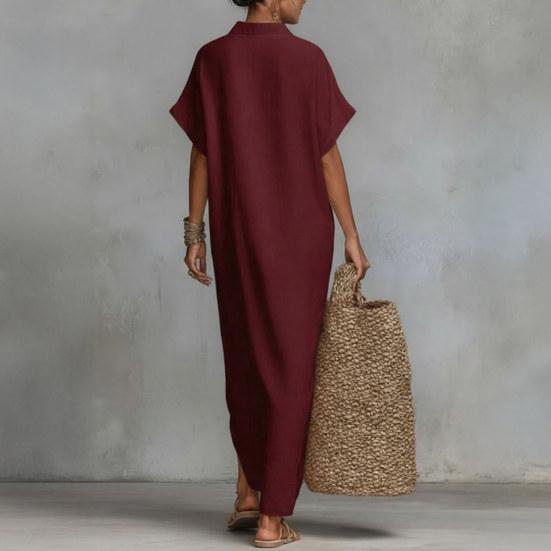 Summer Cotton Linen Dress for Women Short Sleeve Button Up Long Dress Casual Loose Beach Tunic Sundress