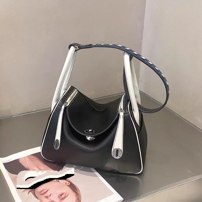 25 New Genuine Leather Women's Bag Swift Head Layer Cowhide Color Blocked Weaving Medicine Box Lindi Bag Single Shoulder Handheld Cross Border Batch