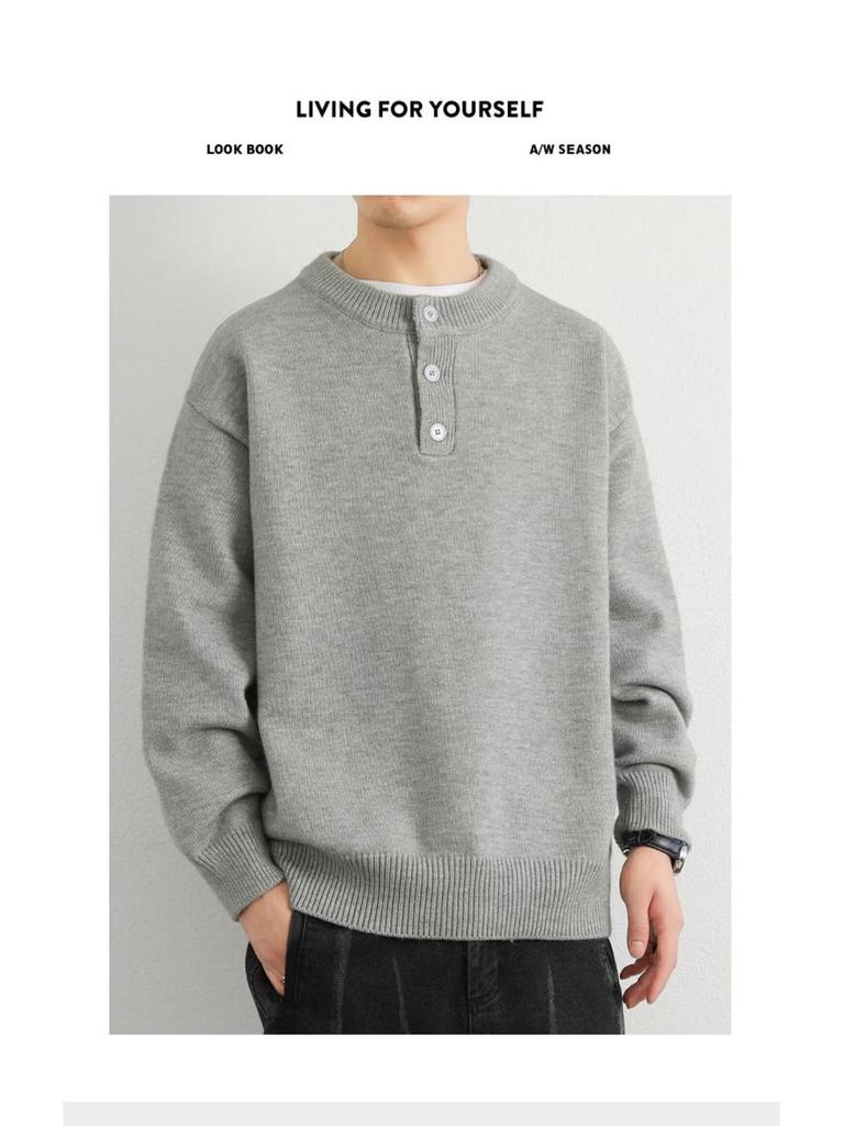 2025 Men's High-Quality Solid Color Retro Henley Knitwear for Autumn/Winter