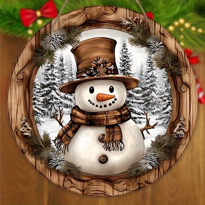 Rustikální vánoční dřevěný nápis se sněhulákem - Kulatý nápis Navidad pro přední dveře, dekorace na zavěšení na zeď - Ideální vánoční ozdoba