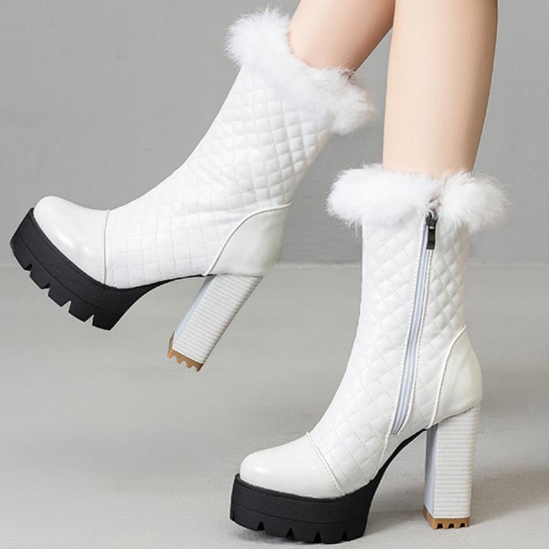 Platform Women's Ankle Boots Winter Shoes Sexy High Heels Snow Short Boot White Black Fur Shoes Female Large Size 45 Waterproof
