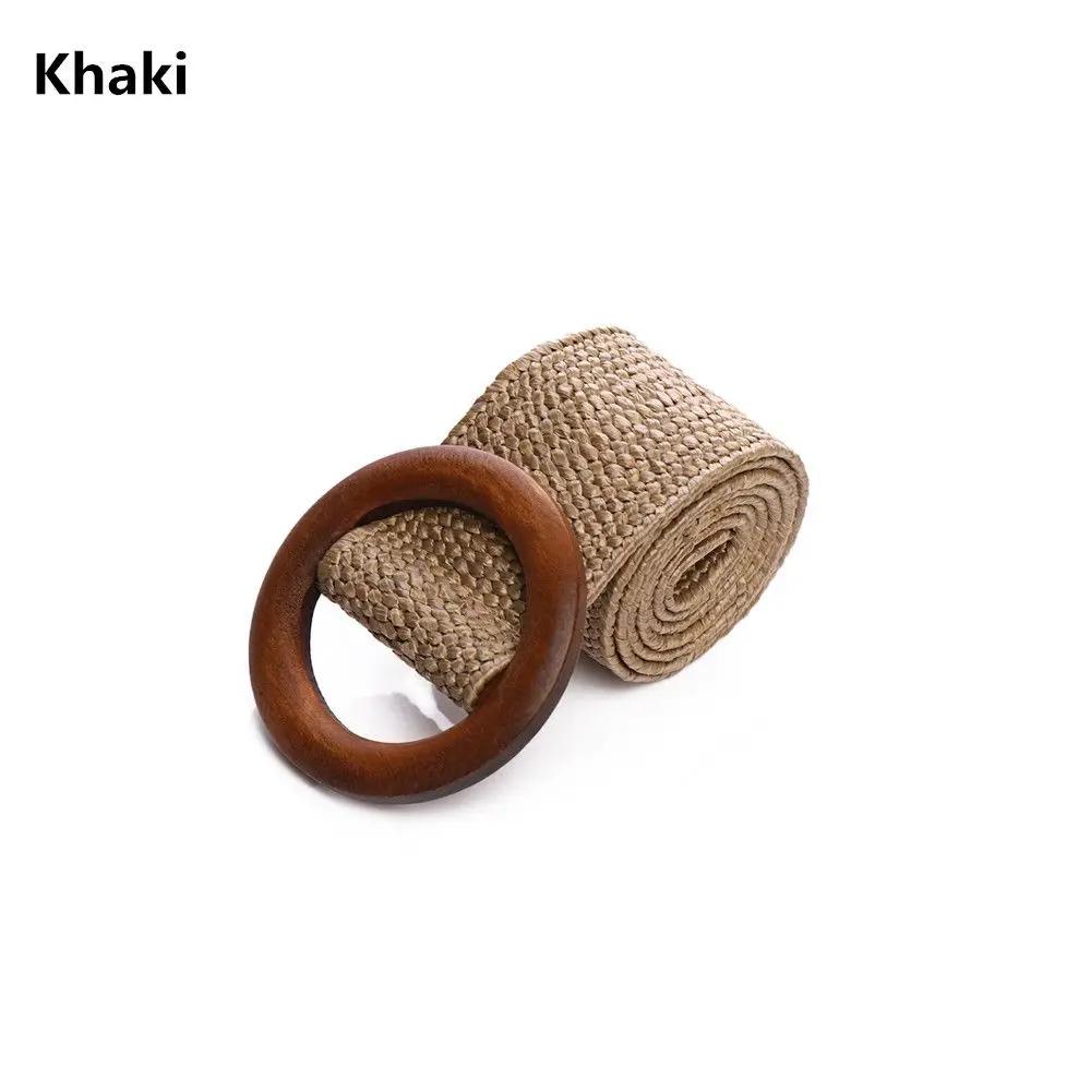 Round Wooden Buckle Dress Belt For Women Elastic Straw Belt Casual Braided Wide Strap Woven Girls PP Fashion Female Designer