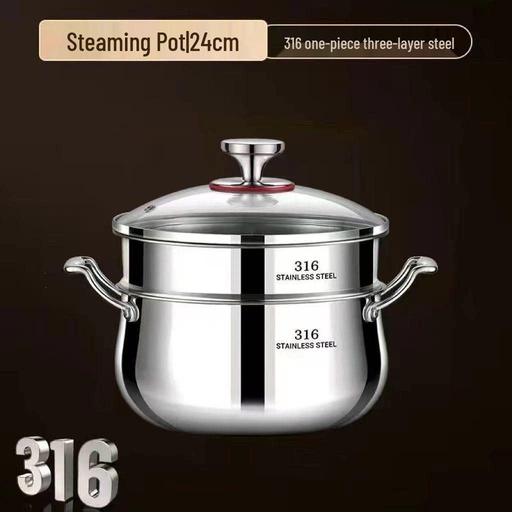 316 Stainless Steel Non-Coating Double-Layer Soup and Noodle Pot, High Temperature Resistant, Integrated Mold Steaming and Cooking Stockpot.