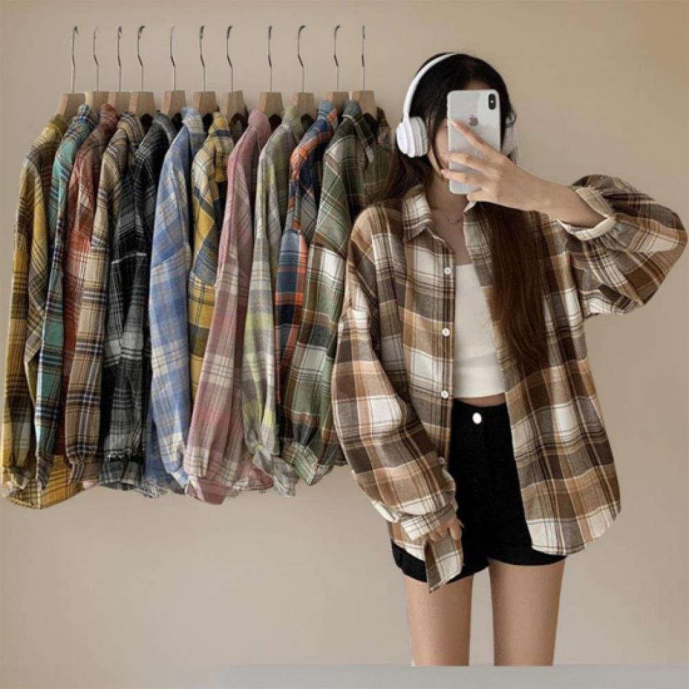 New Arrivals Open Run Women Loose Fit Check Color Block Shirt Big Size