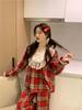 Korean Couple's Red Plaid Lace Long Sleeve Pajamas