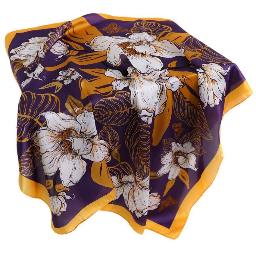 New temperament purple lily square scarf spring and summer imitation silk elegant versatile flower silk scarf thin scarf sunscreen headscarf