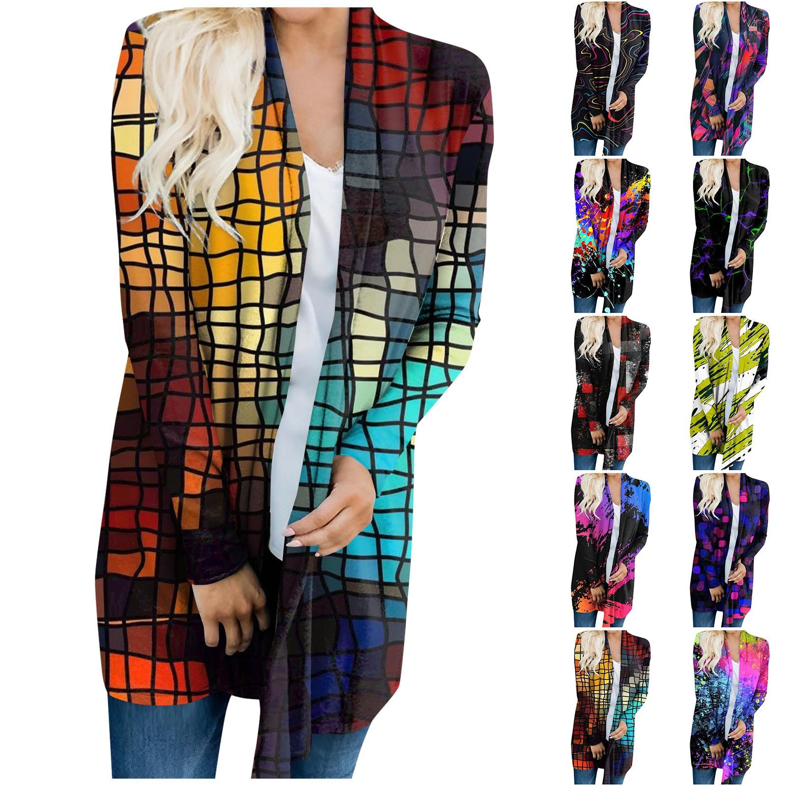 

Women s Fashion Loose Casual Pocket Medium Length Print Long Sleeve Cardigan Jacket Tops