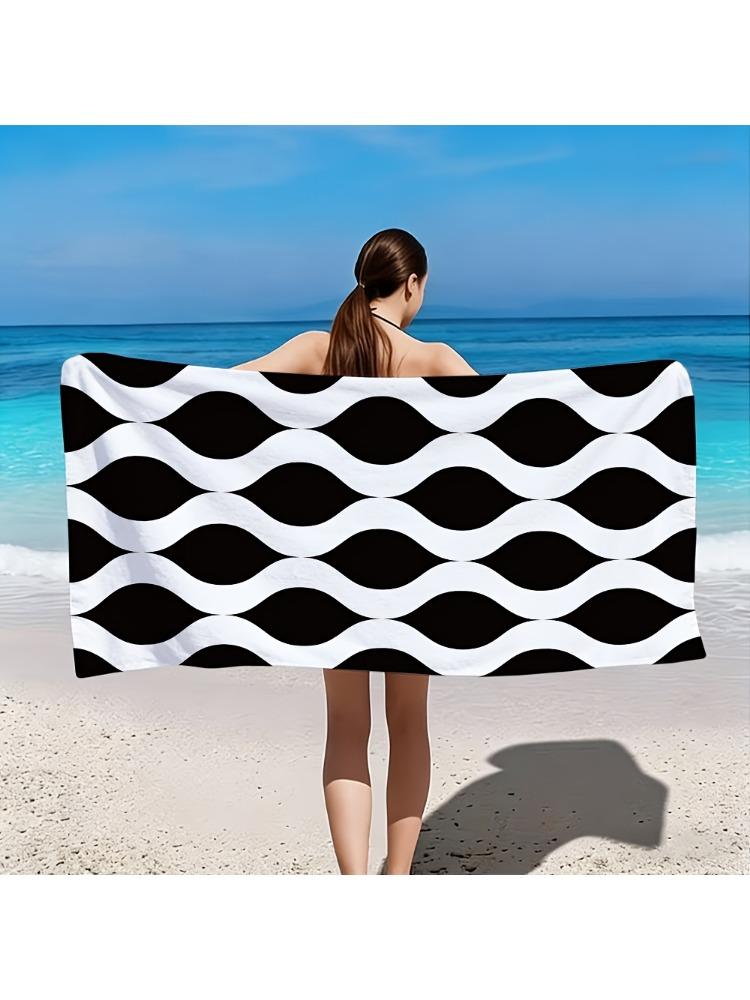 

2D Flat, 1pc, Black and White Wavy Geometric Pattern Beach Towel, Soft and Skin-friendly, Non-shedding, Easy to Clean, Durable W40*H60(CM)