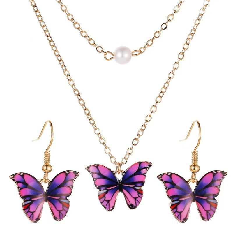 Multicolor Butterfly Necklace Earrings 3-Piece Set Sweet Versatile Butterfly Collarbone Chain Women'S Necklace Jewelry
