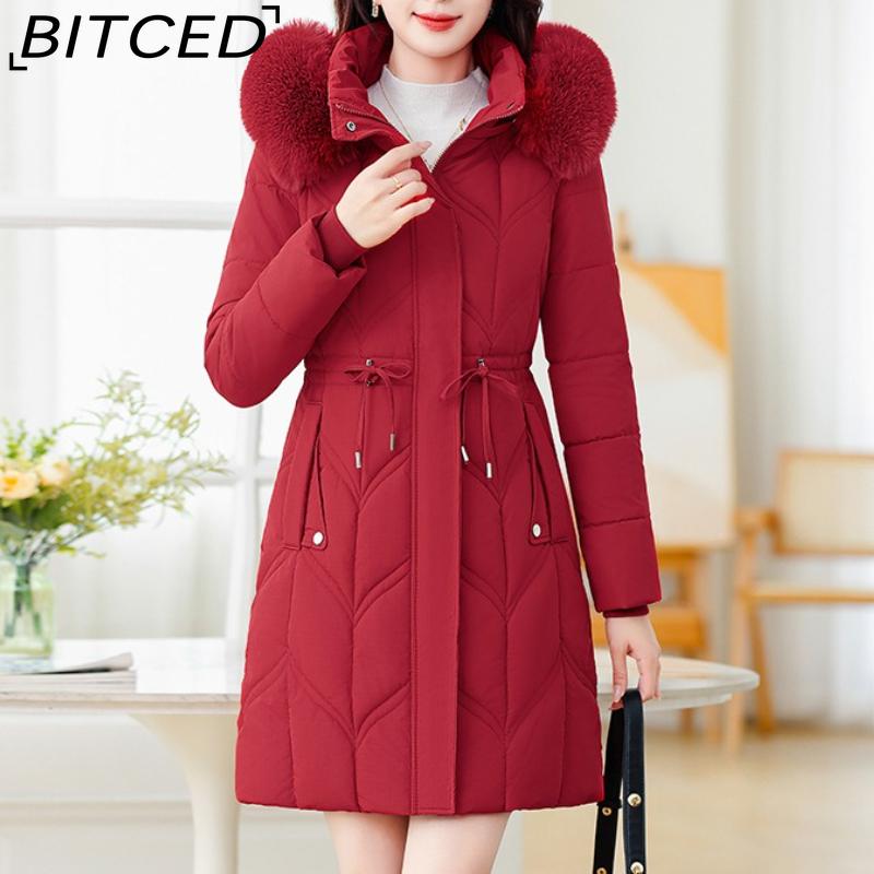 

BITCED Winter Women s Mid-Length Slim-Fit Cotton Coat with Large Fur Collar Down-Filled Quilted Jacket XXXL красный