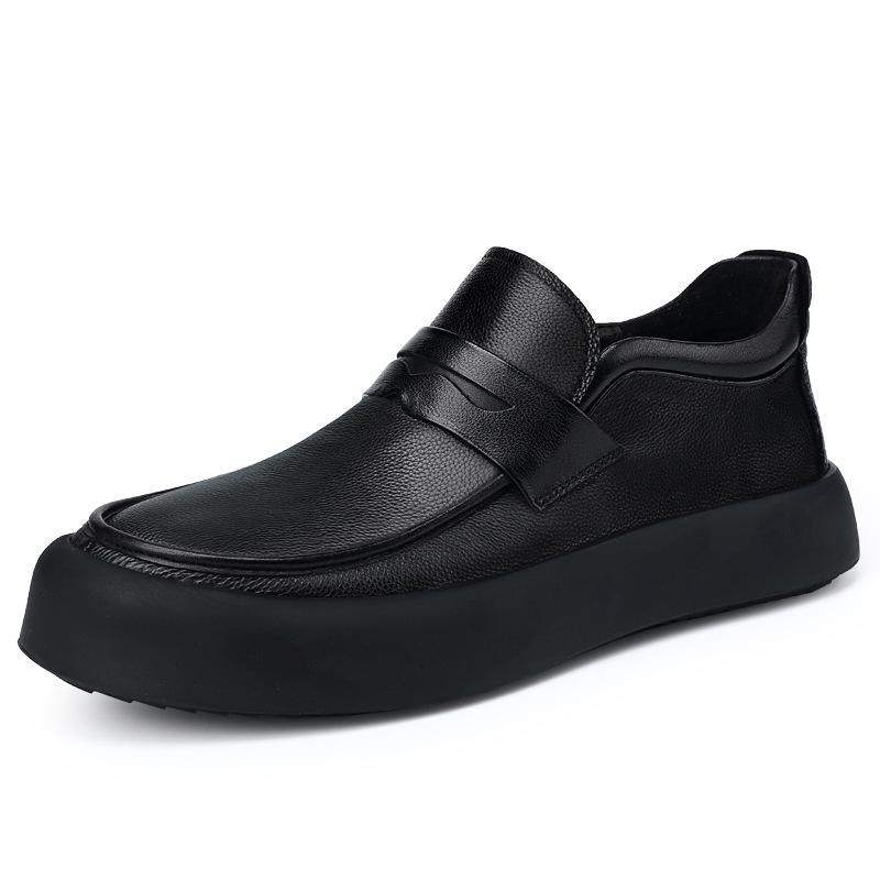 Korean Style Natural Leather Shoes for Men Fashion Business Wedding Slip-on Flats Platform Shoe Black White Loafers Man Footwear