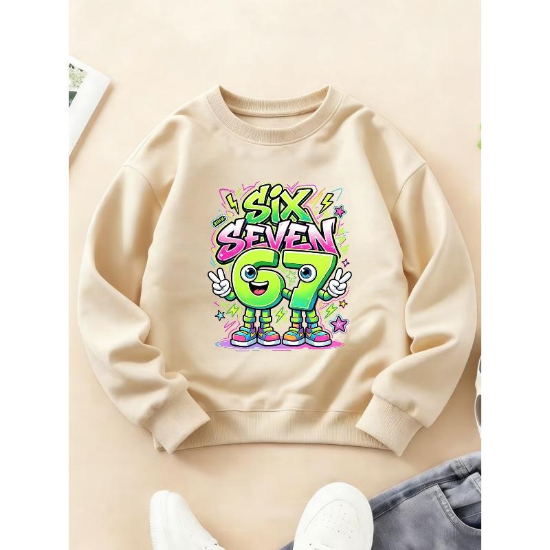 Kids Unisex Crewneck Sweatshirt, Graffiti Cartoon Anthropomorphic Number 6 & 7 "Six Seven" Peace Sign Print Soft Fleece Pullover For 7th Birthday