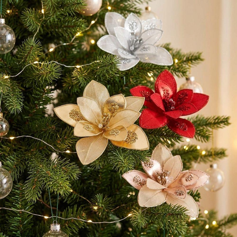 Sparkling Artificial Poinsettia Flower Pick Sequins Christmas Tree Floral Spray Wedding Party