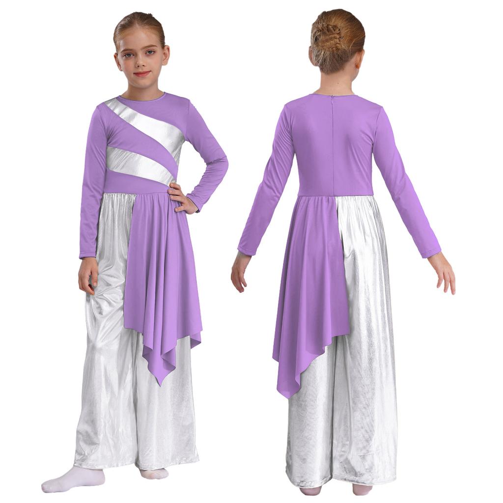 Girls Liturgical Dance Bodysuit Praise Worship Costume Metallic Color Block Wide-Leg Jumpsuit