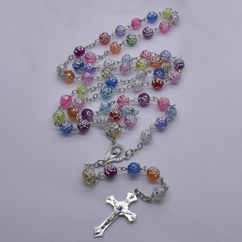 Multicolor Rosary Beads Cross Pendant Necklace Ornaments Catholic Religion Jewelry Accessories Gift