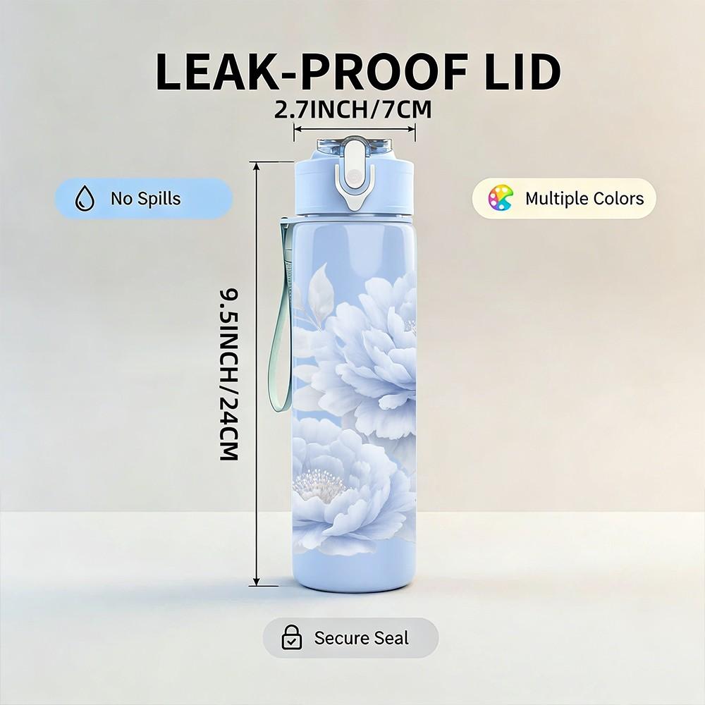 1PC White Rose Soft Floral Art Print 750ml Color Plastic Sports Water Bottle Leakproof Flip Straw Lid Suitable for Sports Office Home Use