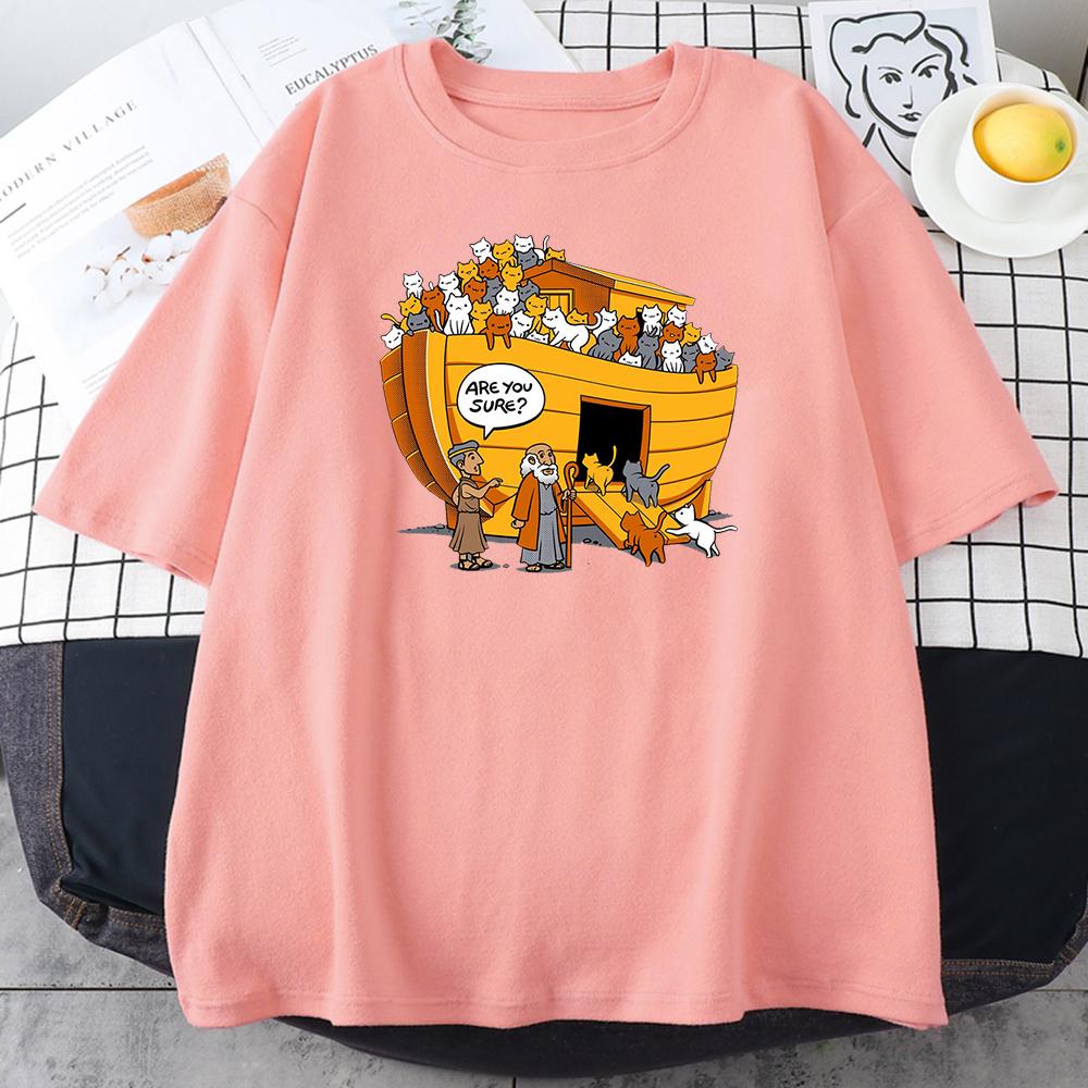 Cartoons Style Noah's Ark Cat Print Womens Tshirts Simple Oversize T-Shirts Fashion Loose Tops Soft Breathable T-Shirt for Women
