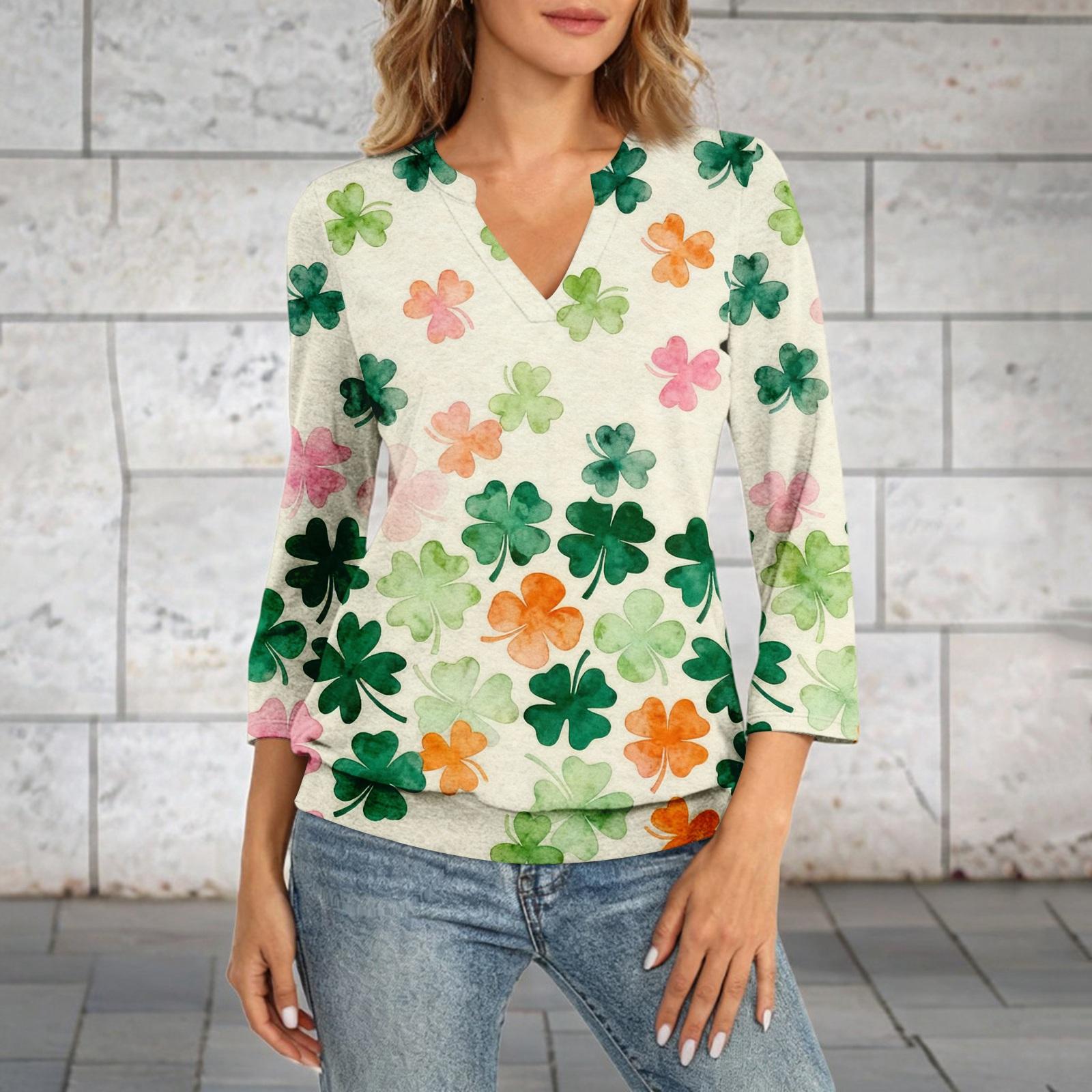 

Women s 3/4 Sleeve Top With Cuffed Hem, V-Neck, Summer Casual -Shirt, St. Patrick s Day Printed Top L