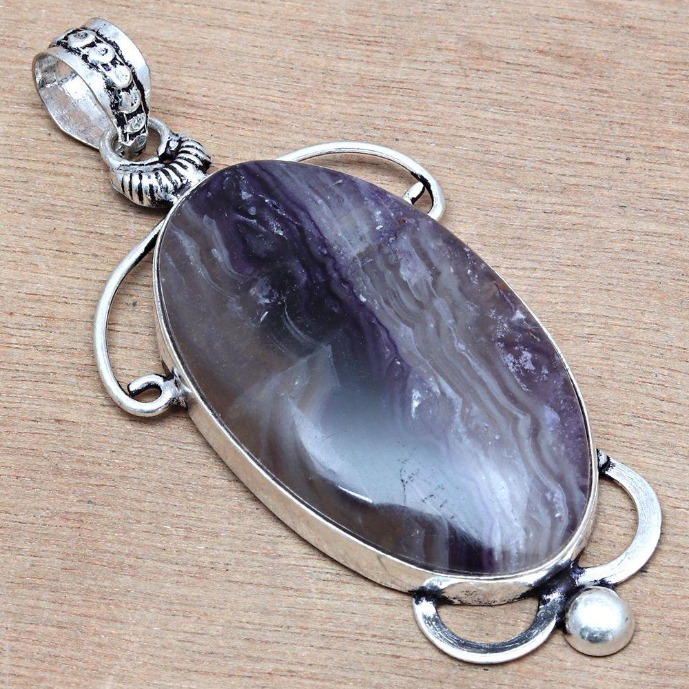 Necklace Fluorite Gemstone Handmade Gift For Her Silver Jewelry 2.5"