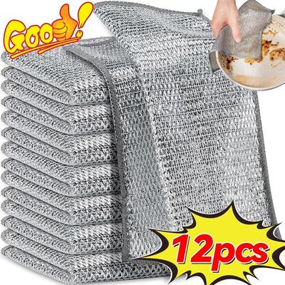 2/4/8/12 pièces chiffon de nettoyage magique épaissi Double face fil d'acier métallique chiffons cuisine plat Pot chiffons de lavage serviette outils de nettoyage