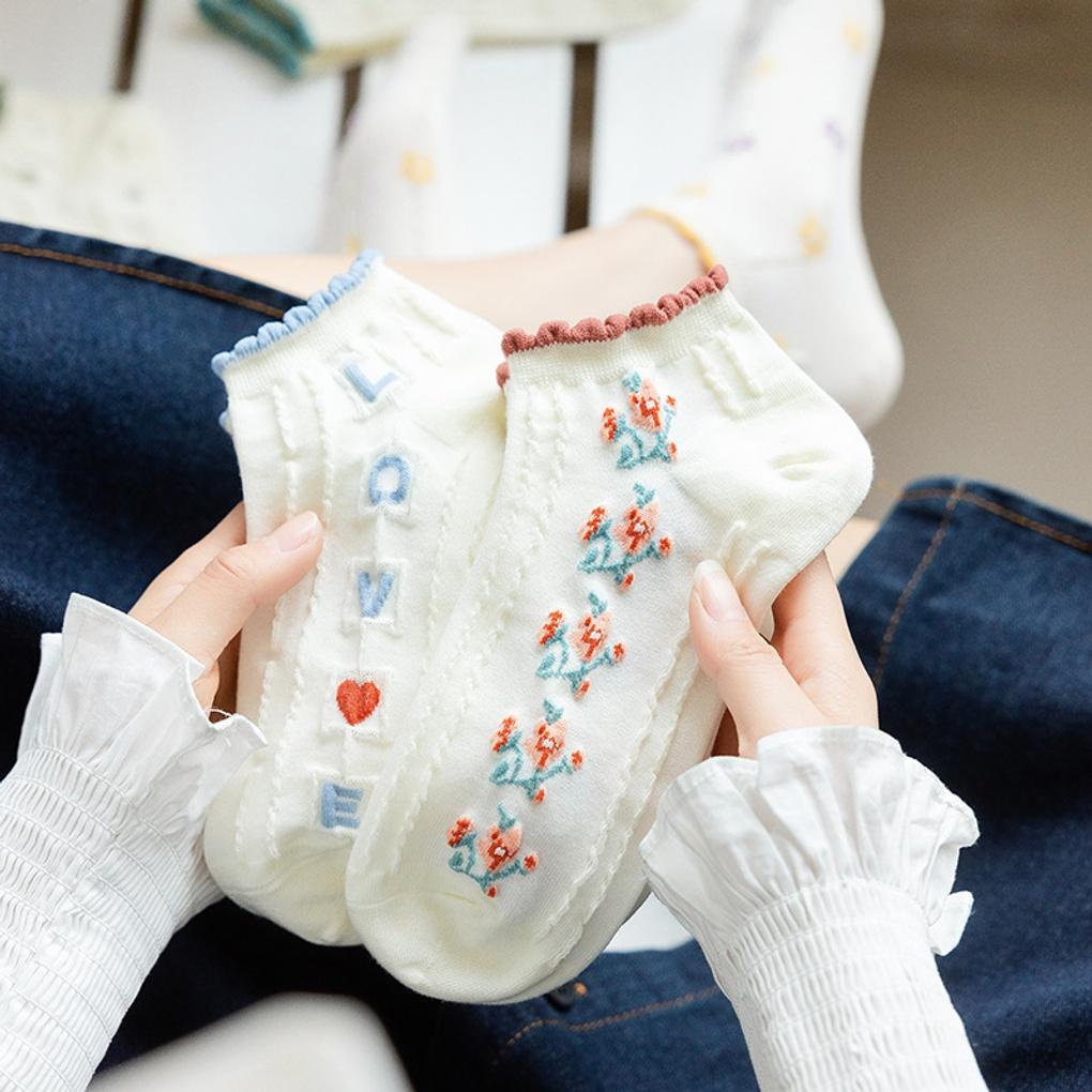 5 Pairs of Women's Love Flower Frill Ankle Socks